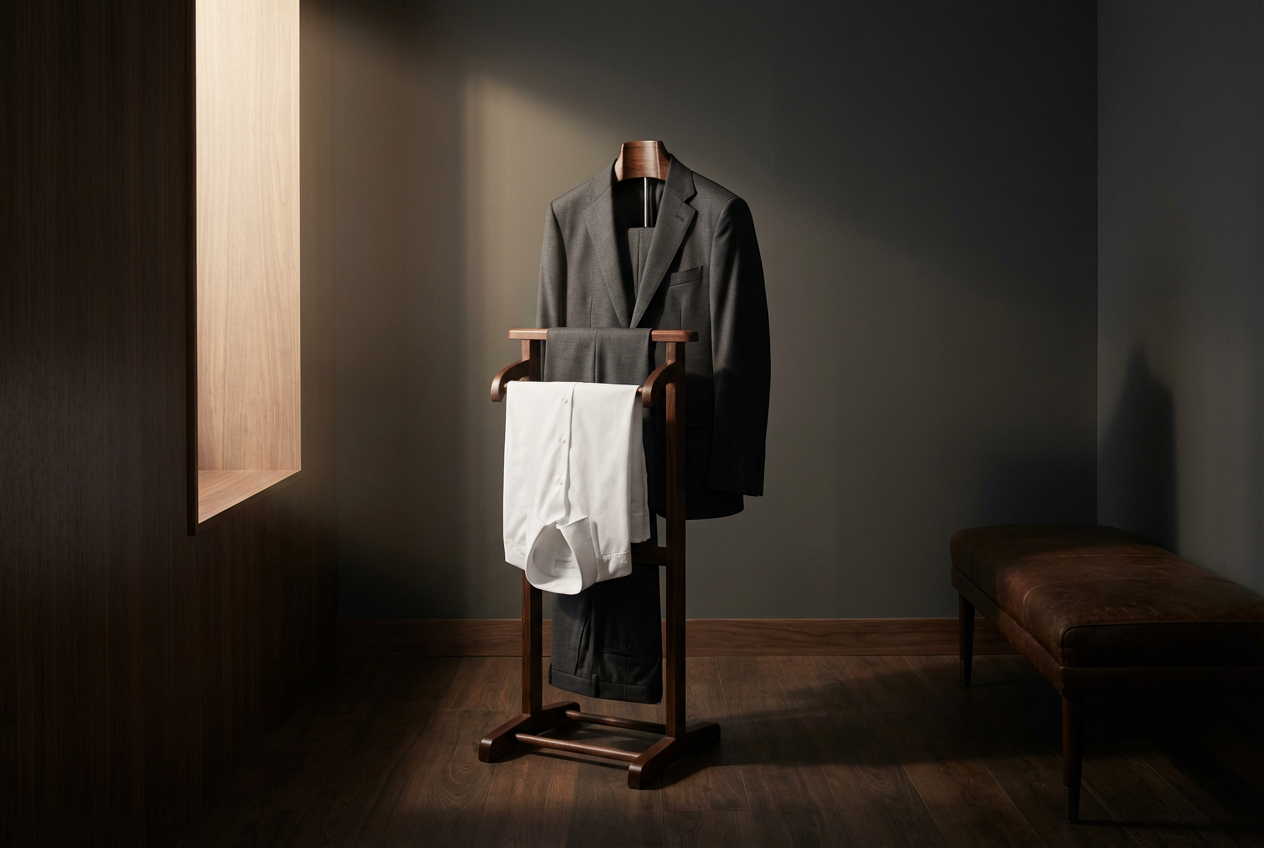 Impeccably tailored charcoal bespoke suit hanging on dark wood valet stand representing the quiet luxury aesthetic