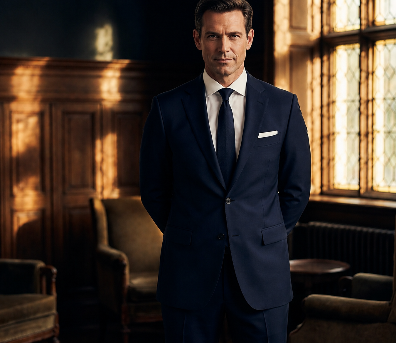 Groom in custom tailored navy tuxedo adjusting cufflinks at golden hour wedding venue